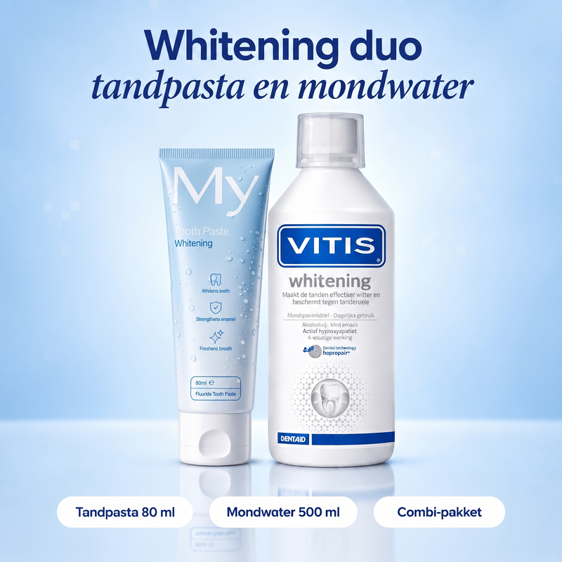 Whitening duo: My Whitening Tandpasta 80 ml en Vitis Whitening Mondwater 500 ml