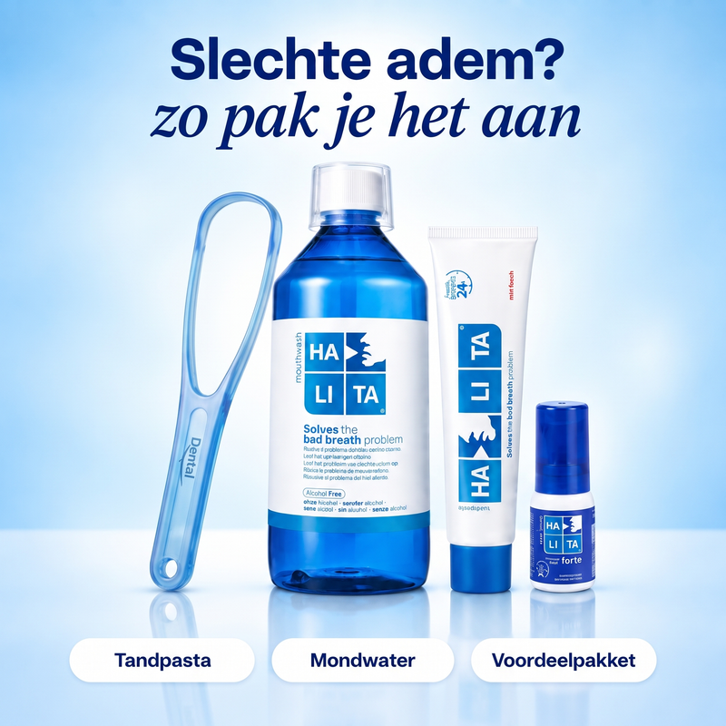 Slechte adem voordeelpakket met Halita mondwater, tandpasta, mondspray en My Tongschraper